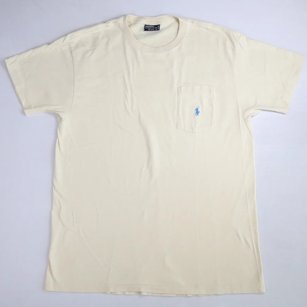 Vintage Polo Ralph Lauren Single Stitch Pocket Tee S Cream Made USA Cotton Pony - Picture 1 of 9
